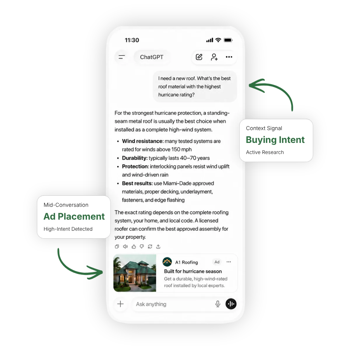 ChatGPT advertising example showing buying intent and ad placement in a roofing conversation